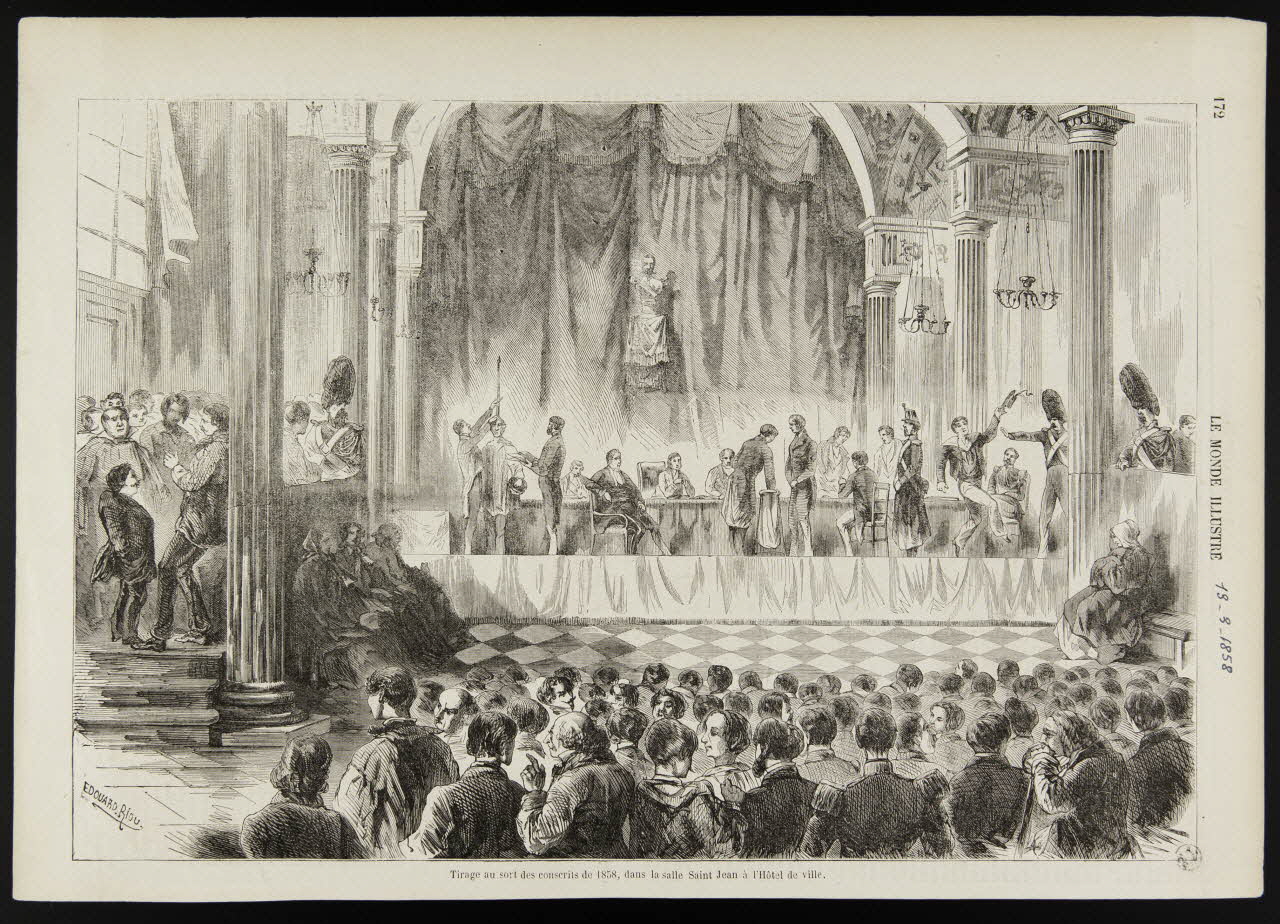 estampe Tirage au sort des conscrits de 1858, dans la salle Saint Jean à l'Hôtel de ville. 1967.60.154 Photo