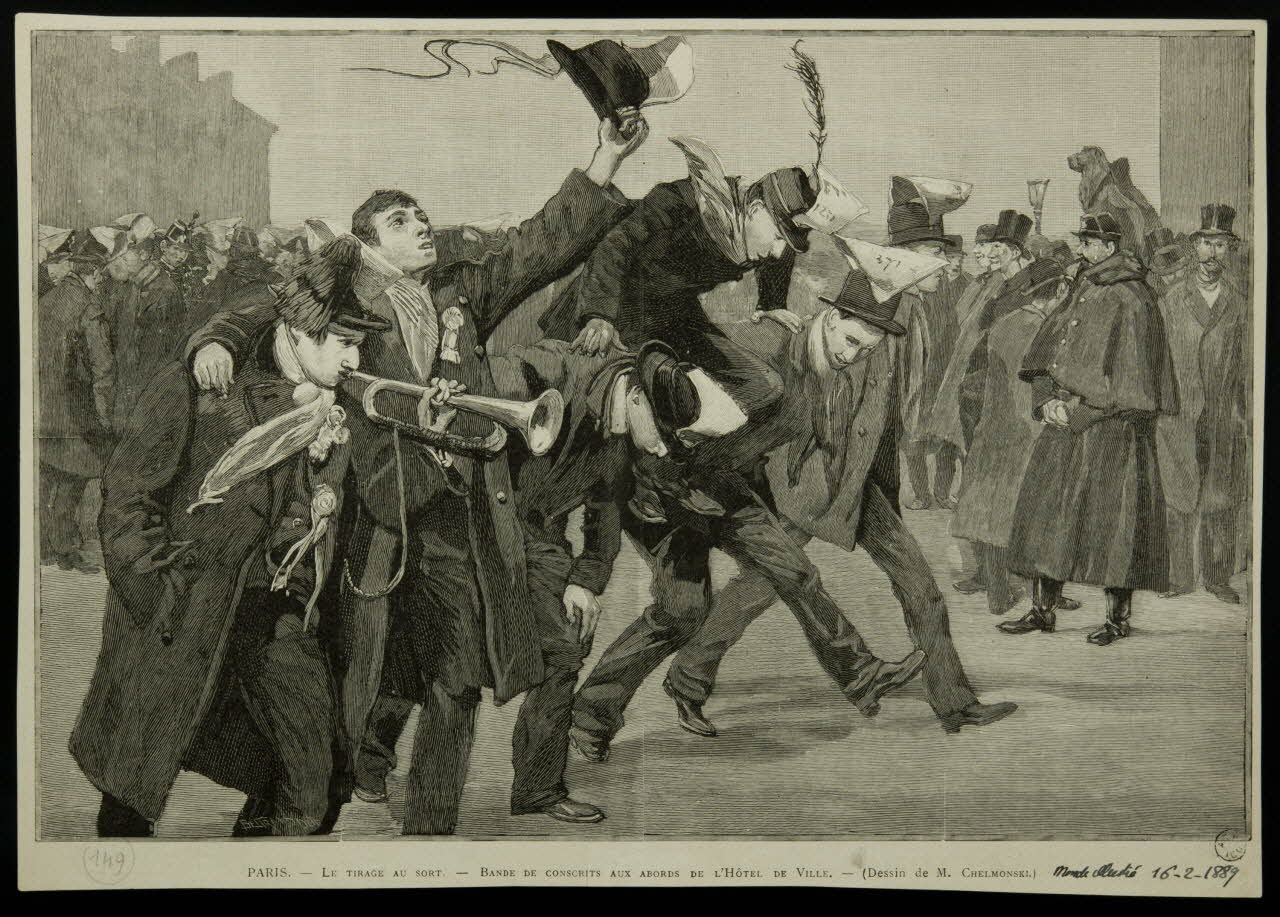 estampe PARIS. - LE TIRAGE AU SORT. - BANDE DE CONSCRITS AUX ABORDS DE L'HÔTEL DE VILLE. 1967.60.21 Photo