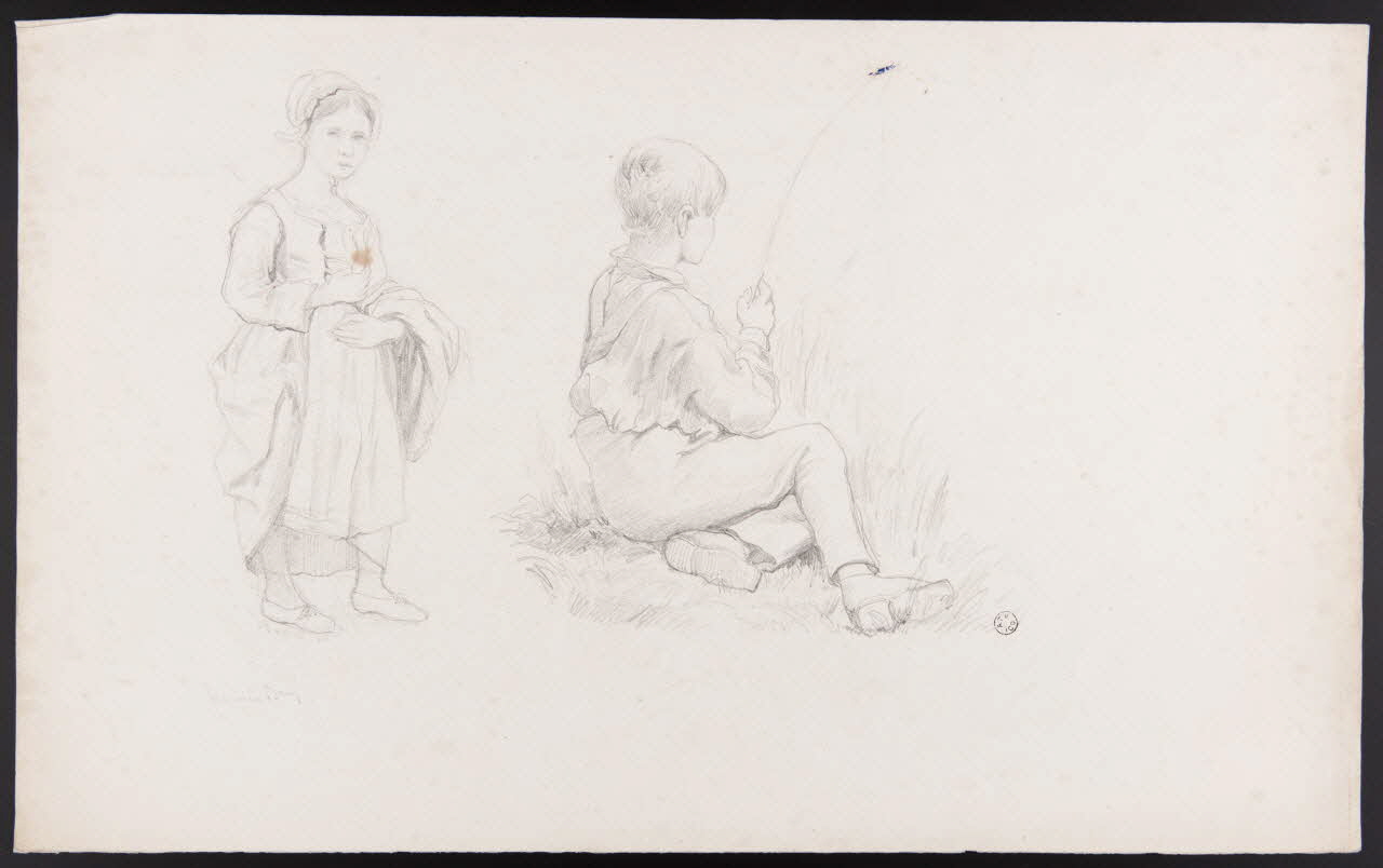 dessin double face Fillette debout, garçon pêchant à la ligne 1967.60.238 Photo