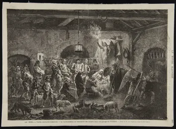 estampe LA NOEL. - Vieilles coutumes bretonnes. - La représentation de l'adoration des bergers dans une grange du Finistère. 1967.60.301 Photo