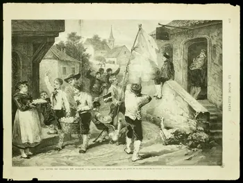 estampe LES FETES DE PAQUES EN ALSACE. - La quête des oeufs dans un village, au profit de la délivrance du territoire. 1967.60.318  Photo