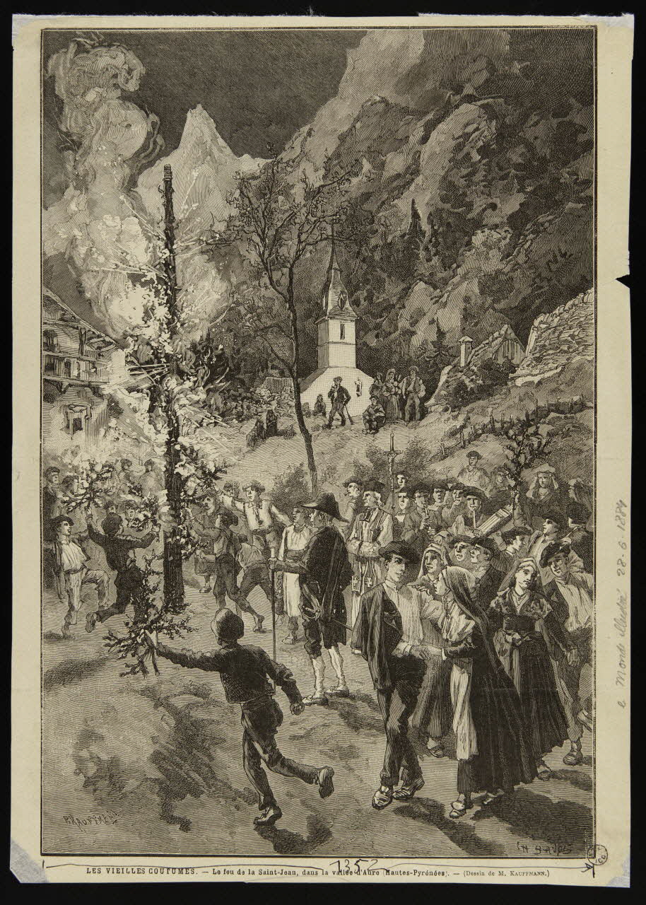estampe LES VIEILLES COUTUMES. - Le feu de la Saint-Jean, dans la vallée d'Aure (Hautes-Pyrénées). 1884 1967.60.329 Photo