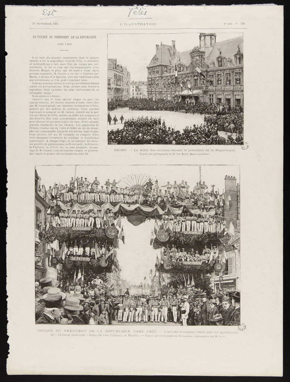 estampe REIMS. - Le défilé des sociétés devant le président de la République.  VOYAGE DU PRESIDENT DE LA REPUBLIQUE DANS L'EST. - L'arc-de-triomphe élevé par les gymnastes  de "l'Union rémoise" dans la rue Ch 1967.60.353 Photo