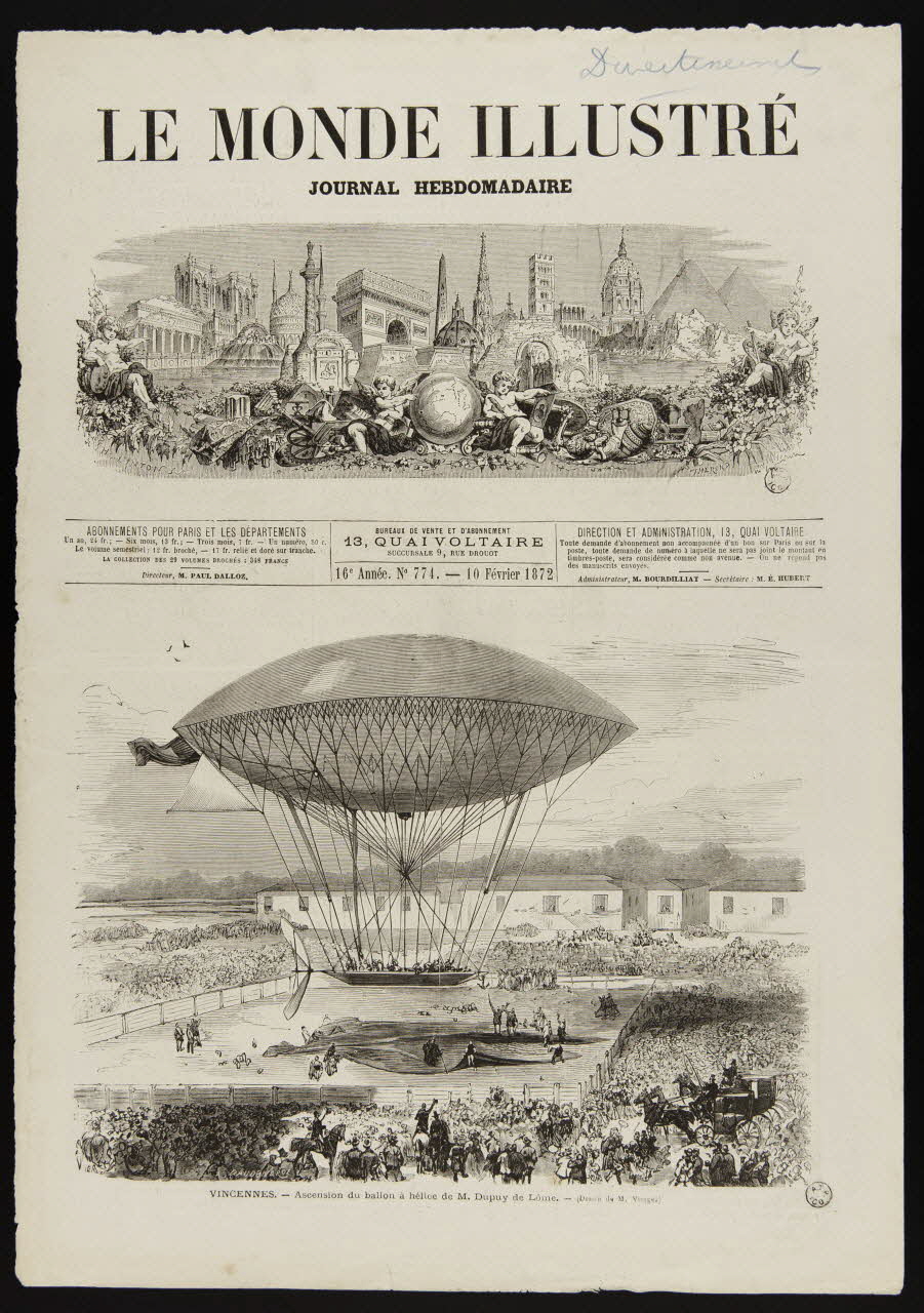 estampe VINCENNES. - Ascension du ballon à hélice de M. Dupuy de Lôme. 1967.60.387 Photo