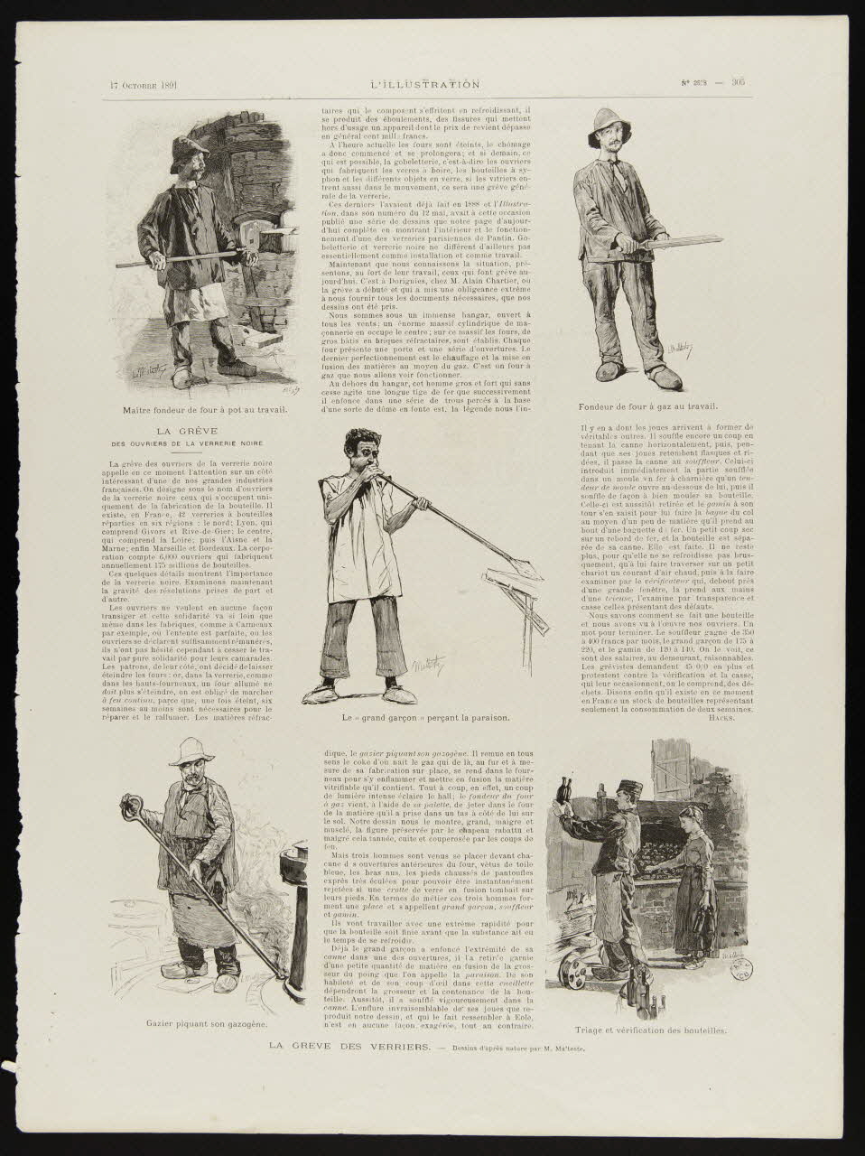 estampe LA GREVE DES VERRIERS  Maitre fondeur de four à pot au travail.  Fondeur de four à gaz au travail.  Le "grand garçon" perçant la paraison.  Gazier piquant son gazogène.  Triage et vérification des bou 1967.60.399.2 Photo