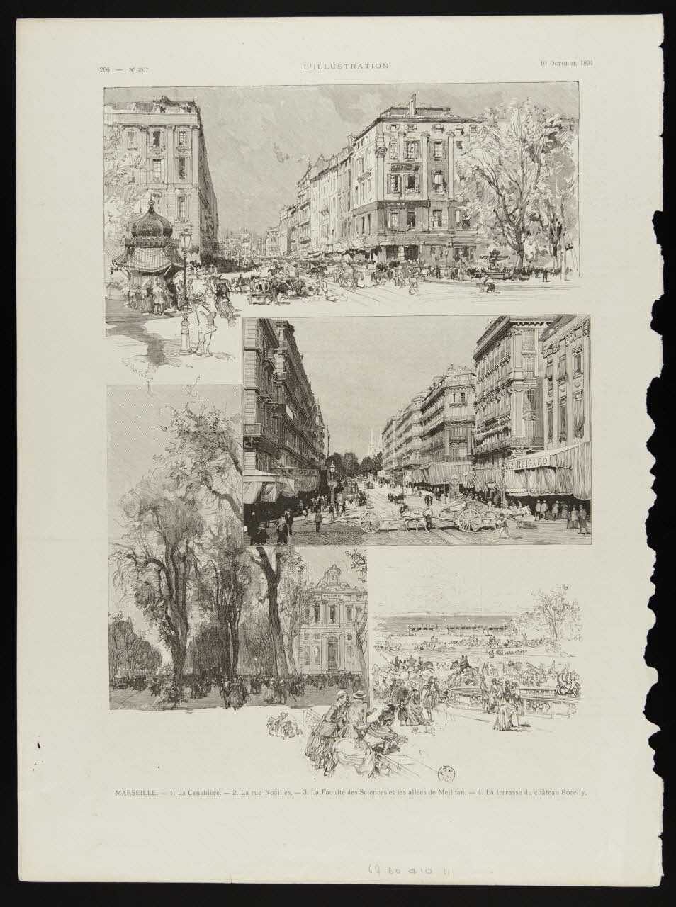 estampe MARSEILLE. - 1. La Canebière. - 2. La rue Noailles. - 3. La Faculté des Sciences et les allées de Mailhan. - 4. La terrasse du château Borelly. 1967.60.410.11 Photo Mucem