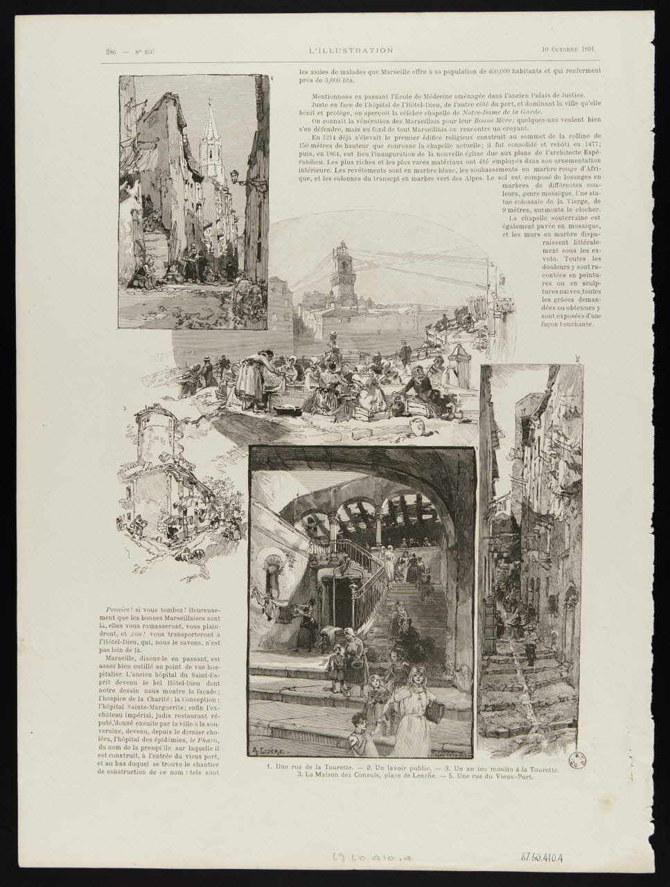 estampe 1. Une rue de la Tourette. - 2. Un lavoir public. - 3. Un ancien moulin à la Tourette.  3. La Maison des Consuls, place de Lenche. - 5. Une rue du Vieux-Port. 1967.60.410.4 Photo