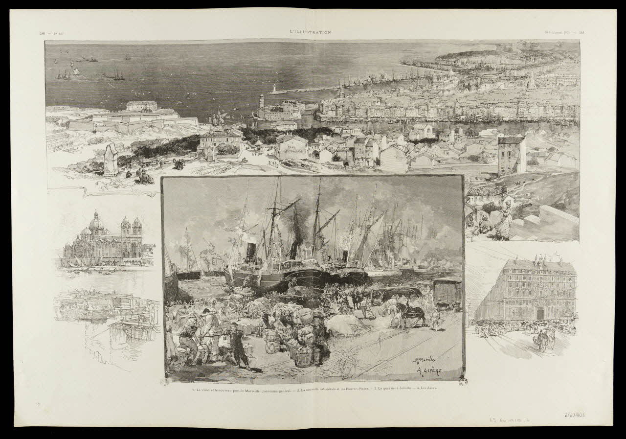 estampe 1. Le vieu et le nouveau port de Marseille : panorama général. - 2. La nouvelle cathédrale et les Pierres-Plates. - 3. Le quai de la Joliette. - 4. Les docks. 1967.60.410.6 Photo