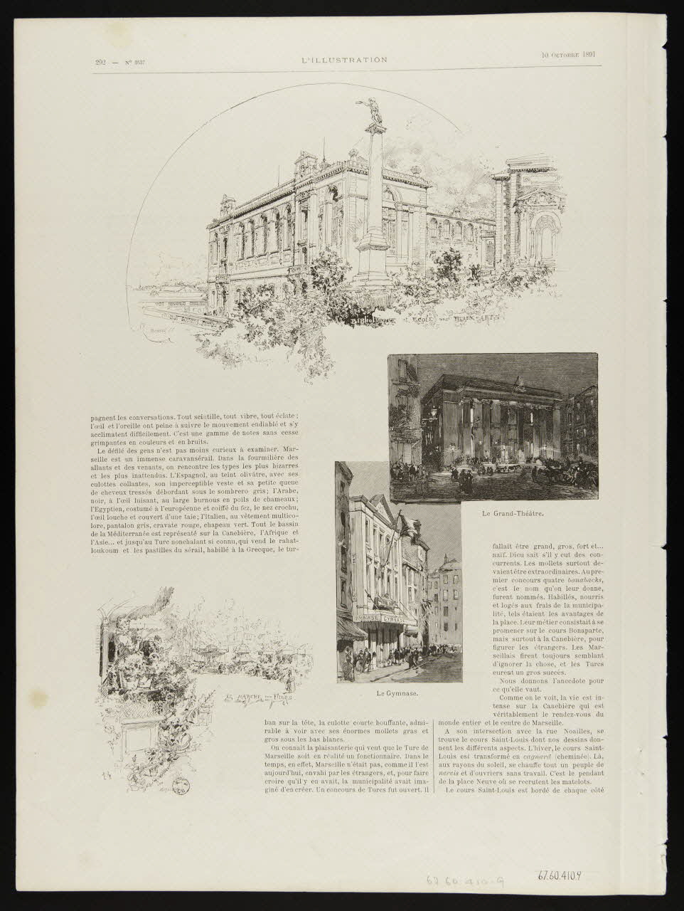 estampe BIBLIOTHEQUE ET ECOLE DES BEAUX-ARTS.  Le Grand-Théâtre.  Le Gymnase.  LE MARCHE AUX FLEURS. 1967.60.410.9 Photo Mucem