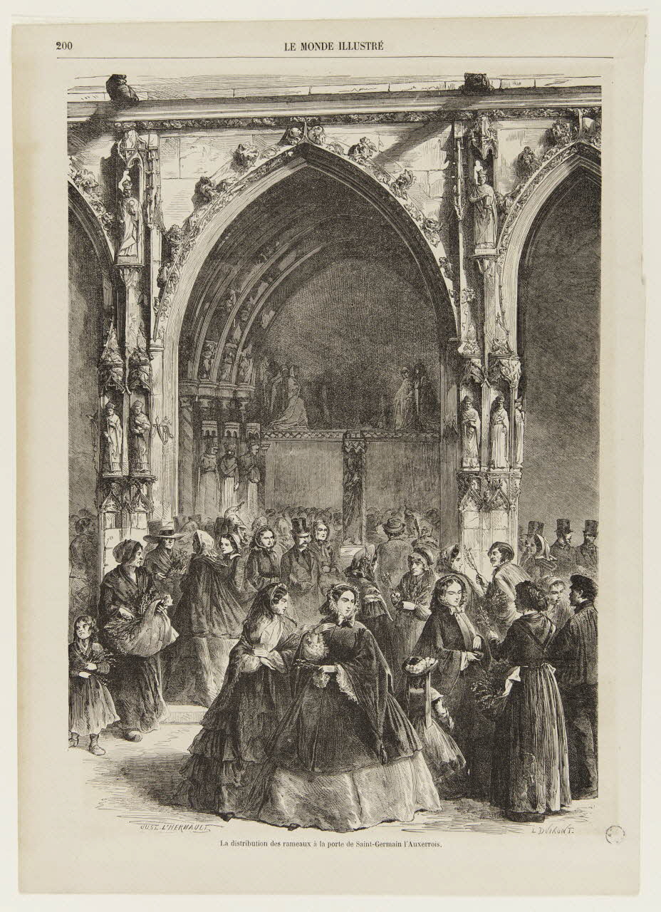 estampe LE MONDE ILLUSTRE  La distribution des rameaux à la porte de Saint-Germain l'Auxerrois. 1967.60.55 Photo