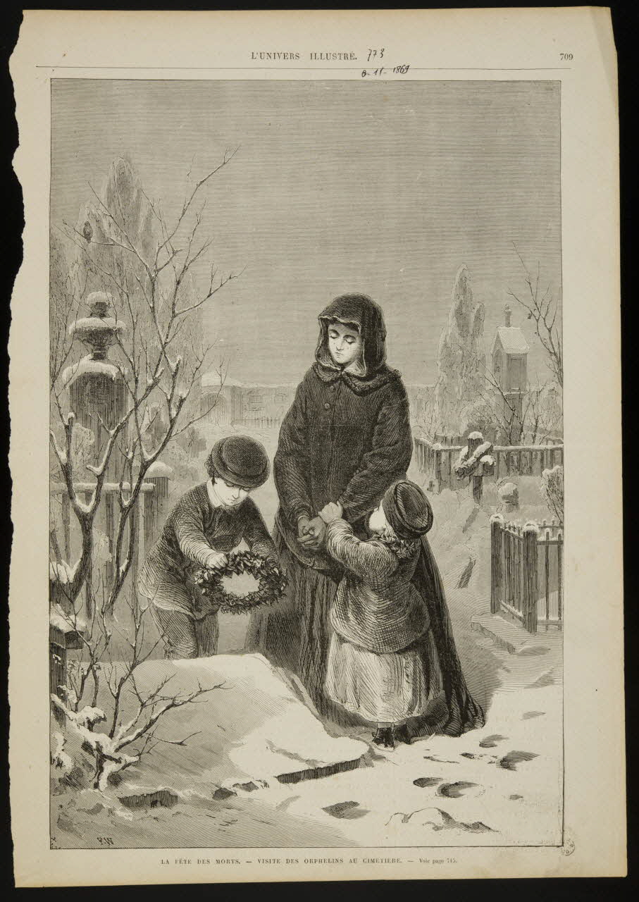 estampe LA FÊTE DES MORTS. - VISITE DES ORPHELINS AU CIMETIERE. 1967.60.68.1 Photo