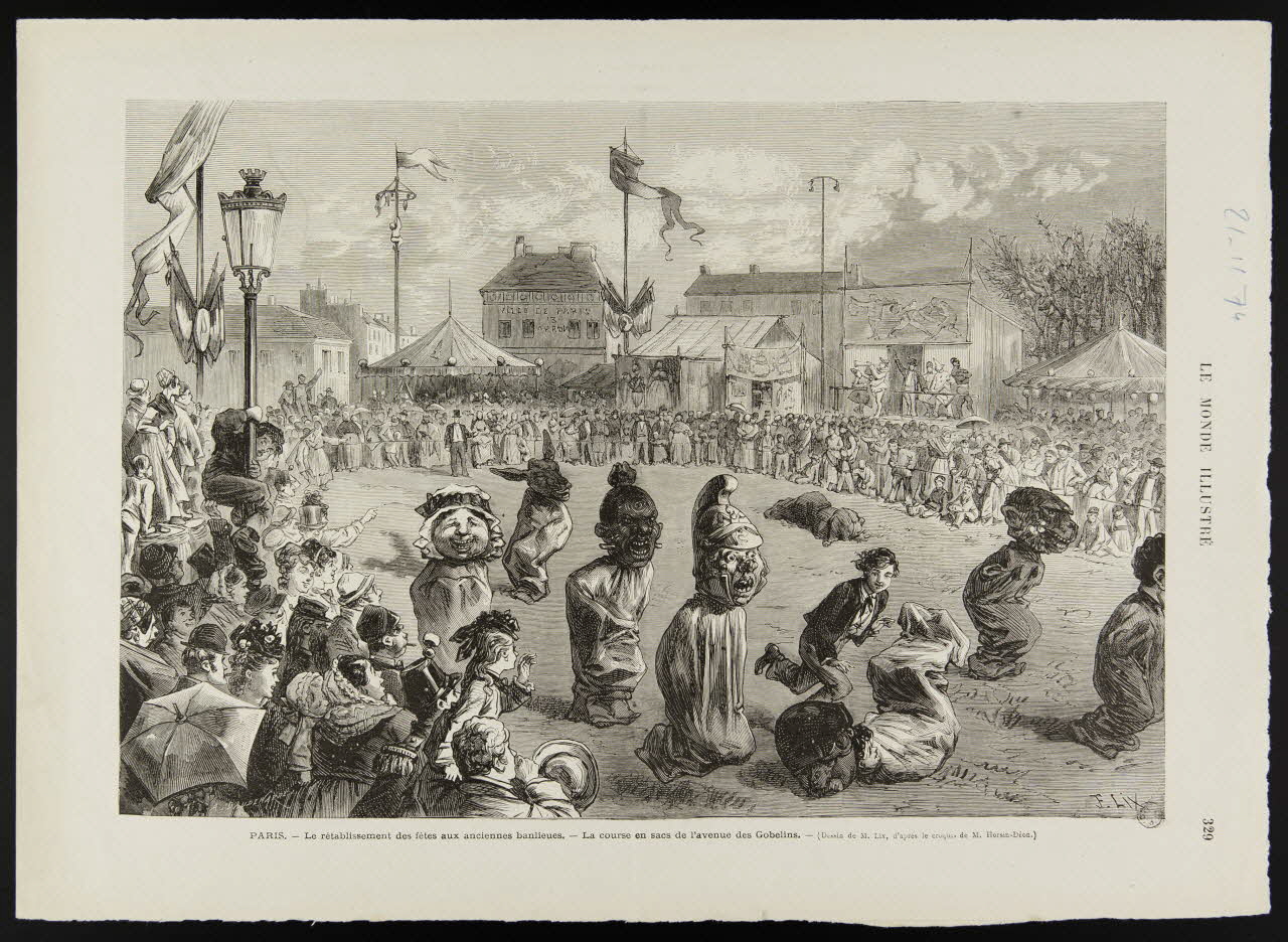 estampe PARIS. - Le rétablissement des fêtes aux anciennes banlieues. - La course en sacs de l'avenue des Gobelins. 1967.60.79 Photo