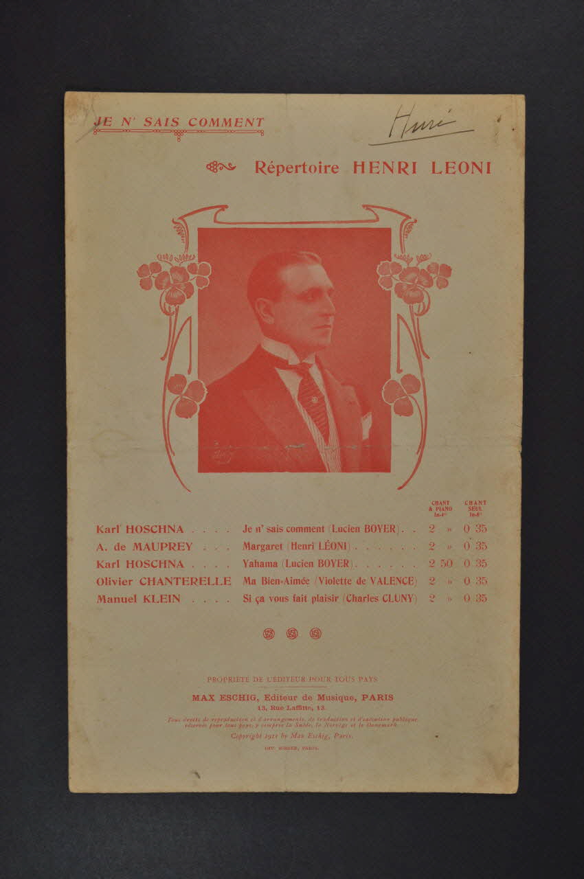 Lucien Boyer ; Karl Hoschna ; Éditions Max Eschig chanson petit format Île-de-France, France 1911 1965.177.9 Photo Mucem