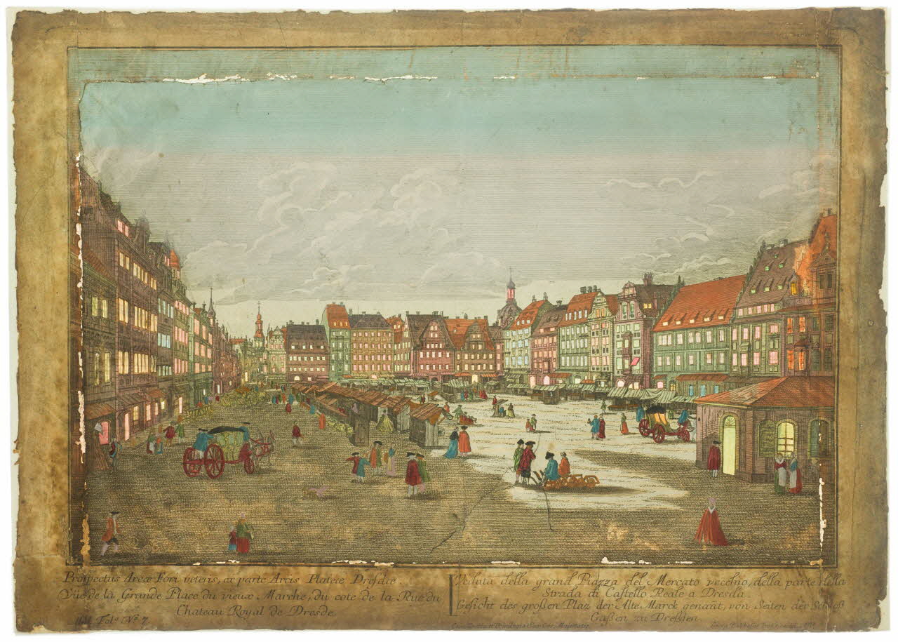 Probst Georg Balthasar imagerie ancienne Prospectus Areae Fori veteris, ex parte Arcis Plateoe Drefdoe.  Vüe de la Grande Place du vieux Marche, du cote de la Rue du  Chateau Royal de Dresde.  Veduta della grand Piazza del Mercato vecchio, d Augsbourg 1730 1967.97.3 Photo