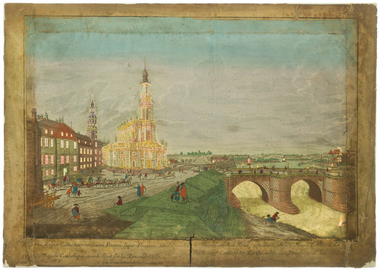 Probst Georg Balthasar imagerie ancienne Egglesia Regia Catholicorum, cum Pontem super Flavium Albis, Dresdae.  l'Eglise Royale Catholique, avec le Pont sur la Riviere de l'Elbe, a Dresde.  la Chiesa Cattolica Reale, con Ponte Oltra il Fiume Augsbourg 1730 1967.97.5 Photo