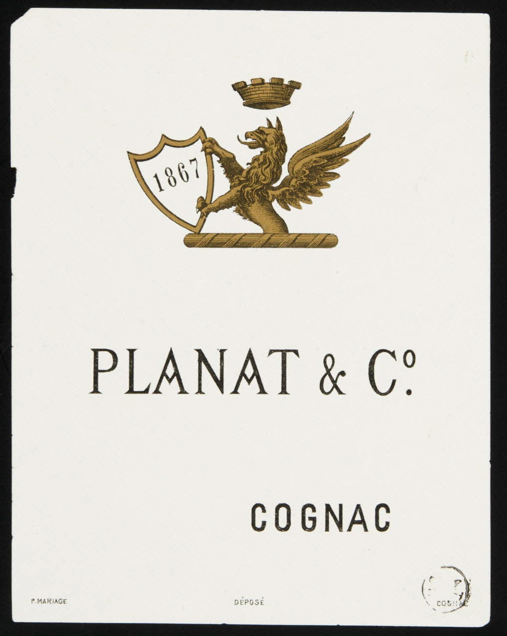 Mariage P. étiquette publicitaire PLANAT & C°.  COGNAC Cognac 1867 1967.99.12 Photo