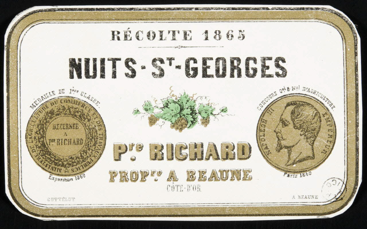 Cottelot étiquette publicitaire RECOLTE 1865  NUITS - ST - GEORGES France 1860-1870 1967.99.19 Photo