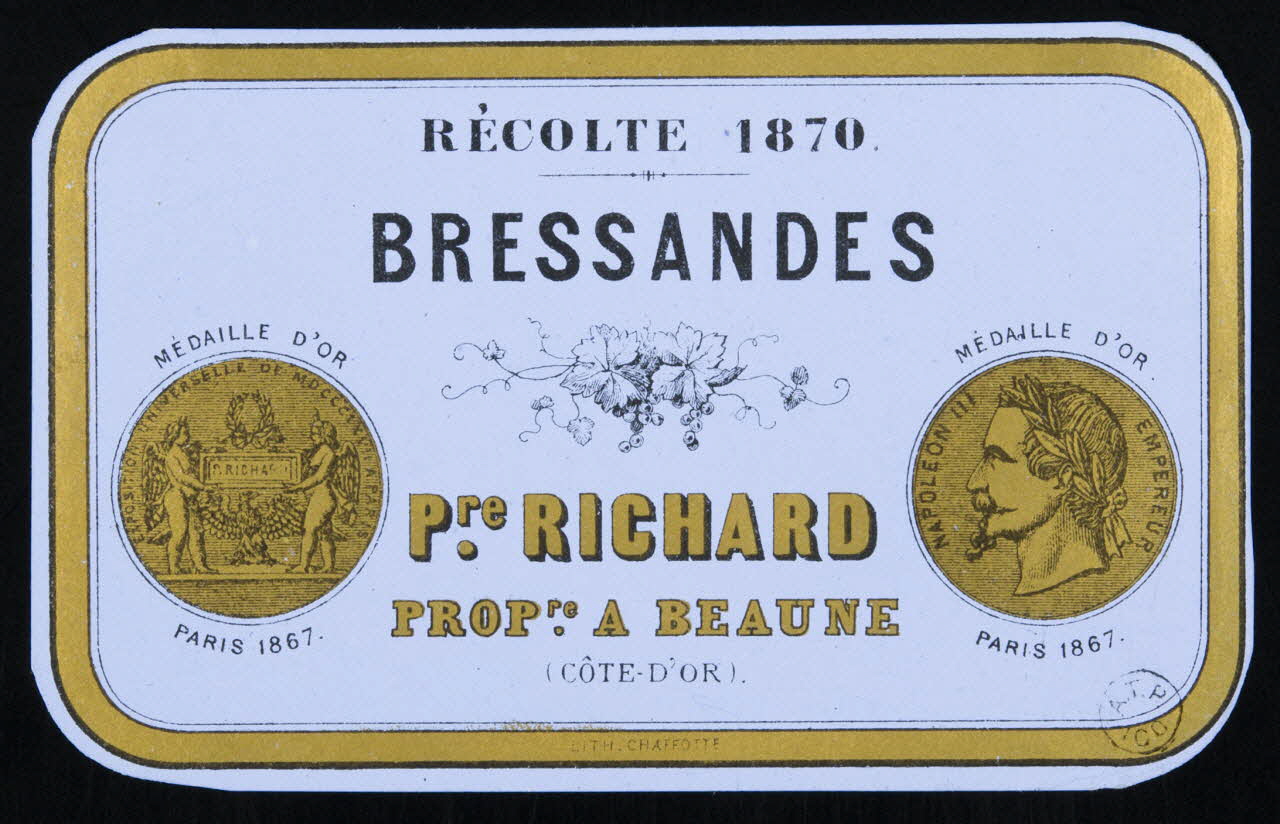 Chaffote étiquette publicitaire RECOLTE 1870.  BRESSANDES France 1867 1967.99.21 Photo