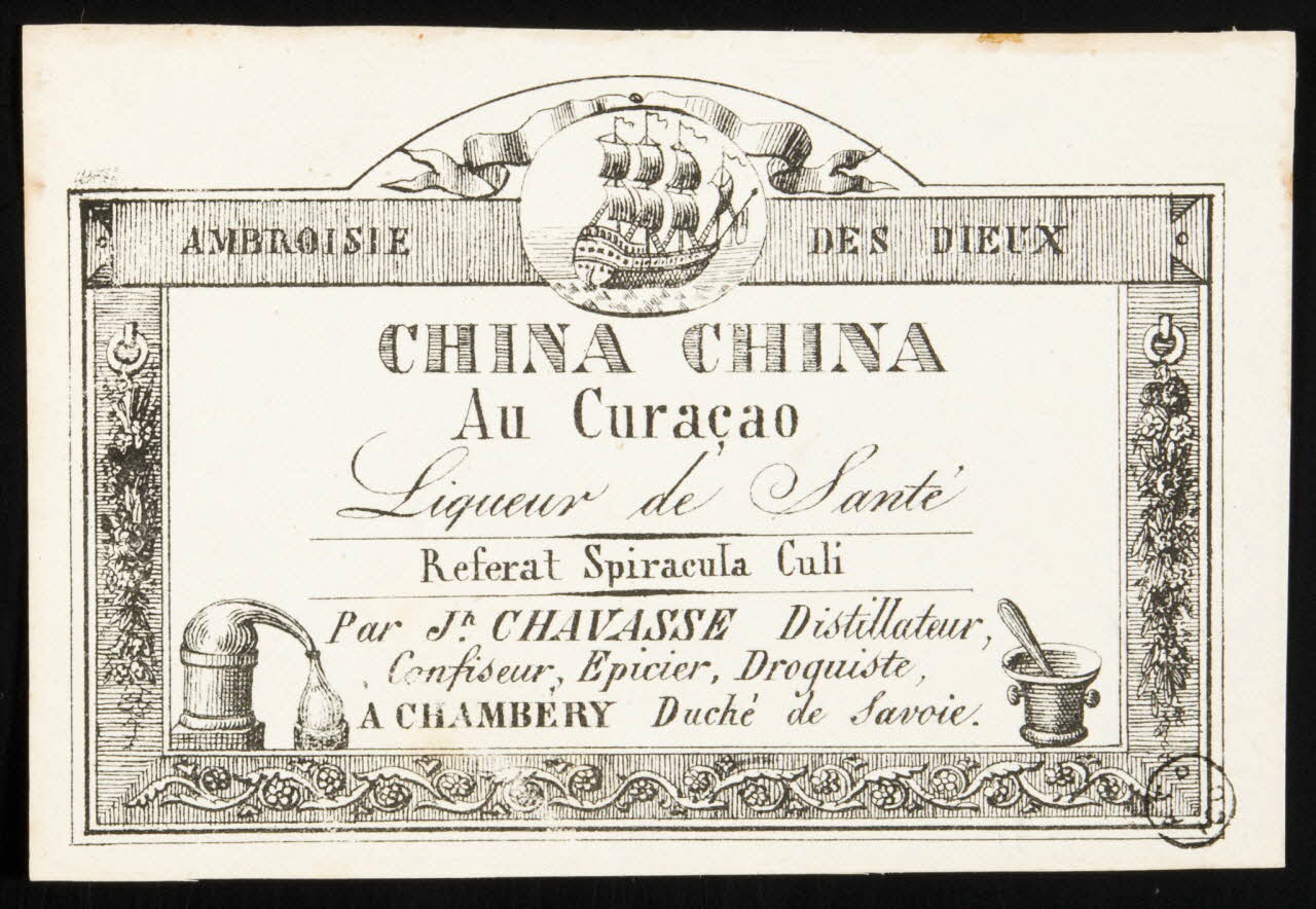 étiquette publicitaire AMBROISIE  DES DIEUX  CHINA CHINA  Au Curaçao  Liqueur de Santé 1967.99.39 Photo