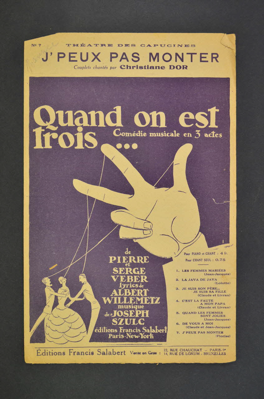 Albert Willemetz ; Joseph Szulc ; Christiane Dor ; Francis F. Salabert chanson petit format Île-de-France, France 1925 1966.199.115 Photo Mucem