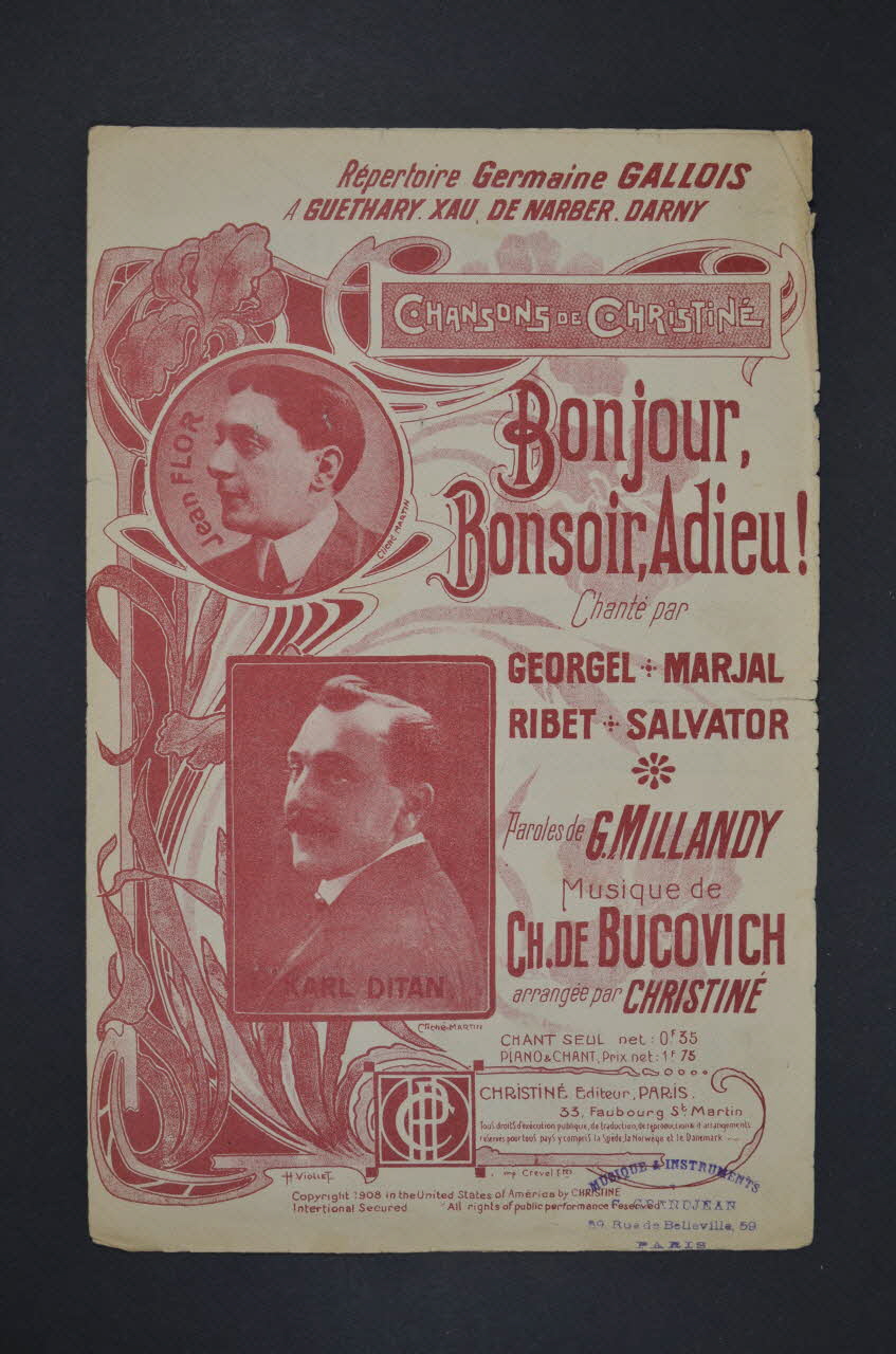 Georges Millandy ; Charles De Bucovich ; Henri Christiné ; Karl Ditan ; Jean Flor chanson petit format Île-de-France, France 1908 1966.199.127 Photo Mucem