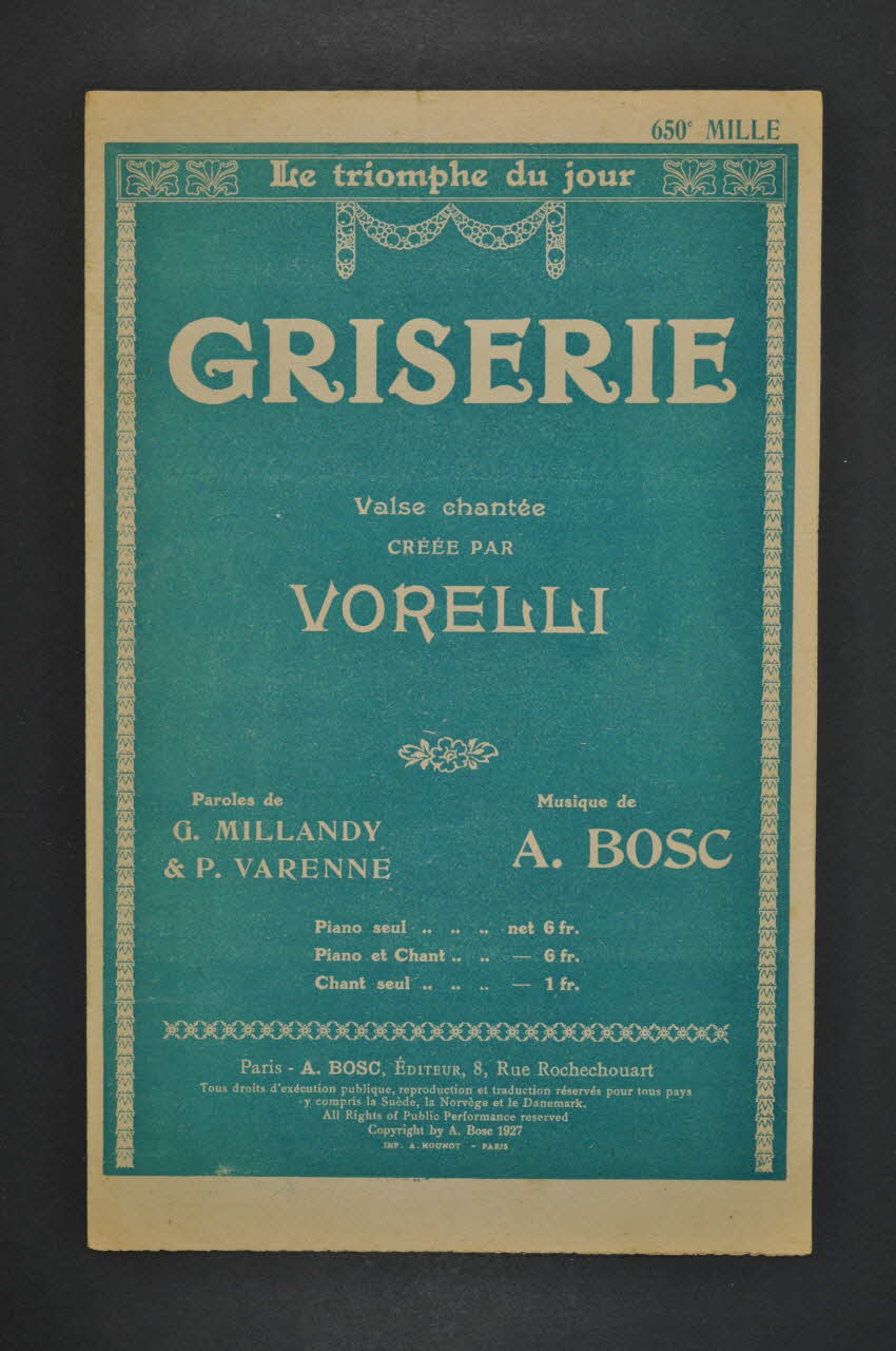 Georges Millandy ; Auguste Bosc ; Pierre Varenne ; Georges Vorelli chanson petit format Île-de-France, France 1927 1965.183.48 Photo Mucem