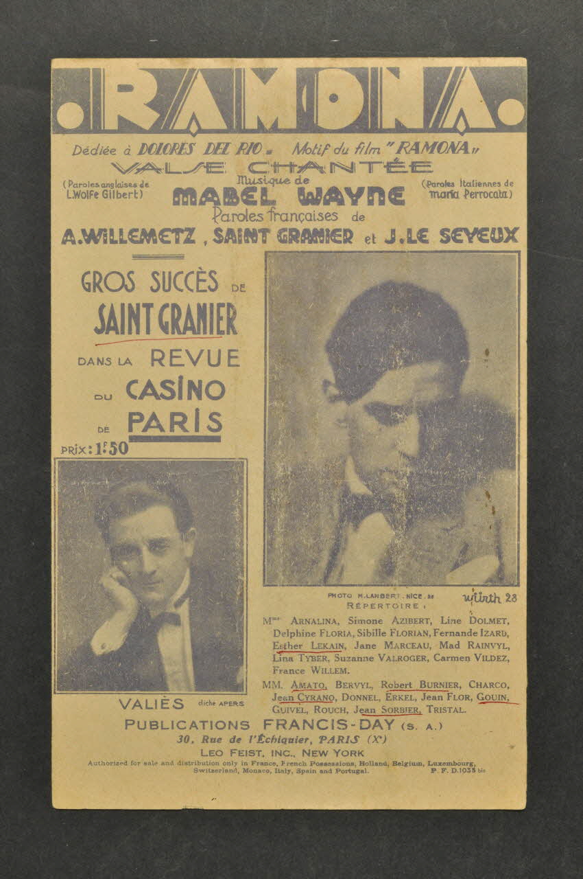 Charles Saint-Granier ; Albert Willemetz ; Jean Le Seyeux ; Francis Day chanson petit format Île-de-France, France 1927 1965.183.49 Photo Mucem