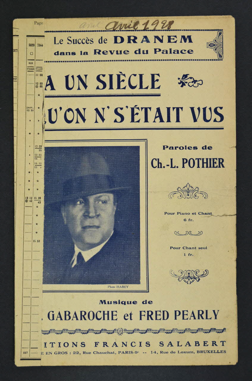 Fred Pearly ; Gaston Gabaroche ; Charles-Louis Pothier ; Francis F. Salabert chanson petit format Île-de-France, France 1926 1965.183.61 Photo Mucem