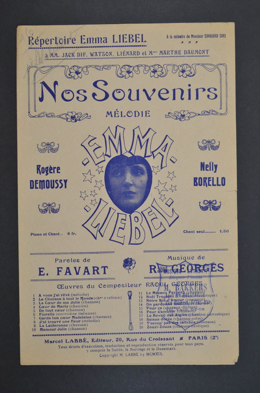 Edgard Favart ; Raoul Georges ; Labbé ; Emma Liébel chanson petit format Paris 2ème 1919 1966.199.32 Photo Mucem