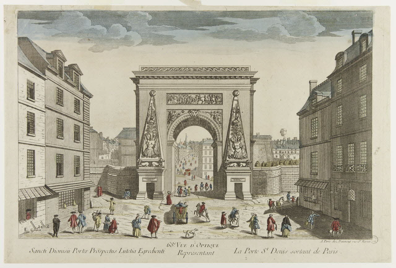 Daumont Jean-François imagerie ancienne Sancti Dionisii Porate Prospectus Lutetia Egredienti  68e. VUE D'OPTIQUE  Représentant  La Porte St. Denis sortant de Paris. Paris 1735-1760 1969.14.3 Photo