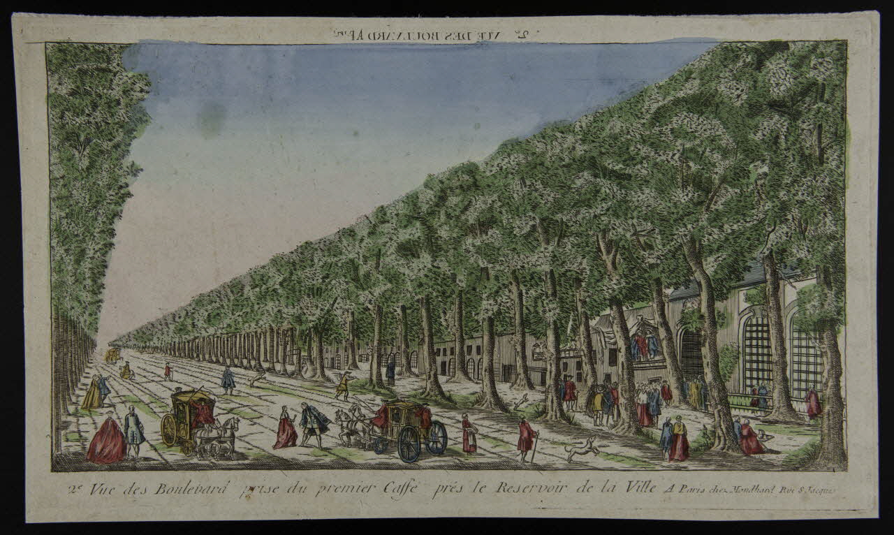 Mondhare Louis-Joseph imagerie ancienne 2e VUE DES BOULEVARD A PARIS (titre inscrit, en caractères inversés)  2e Vue des Boulevard prise du premier Caffé près le Réservoir de la Ville Paris 1770-1780 1969.14.4 Photo