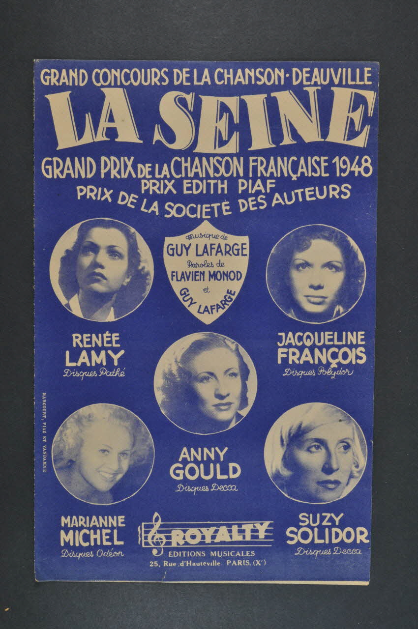 Flavien Monod ; Guy Lafargue ; Renée Lamy ; Jacqueline François ; Anny Gould ; Marianne Michel ; Suzy Solidor ; Royalty; chanson petit format 1948 1965.186.17 Photo Mucem