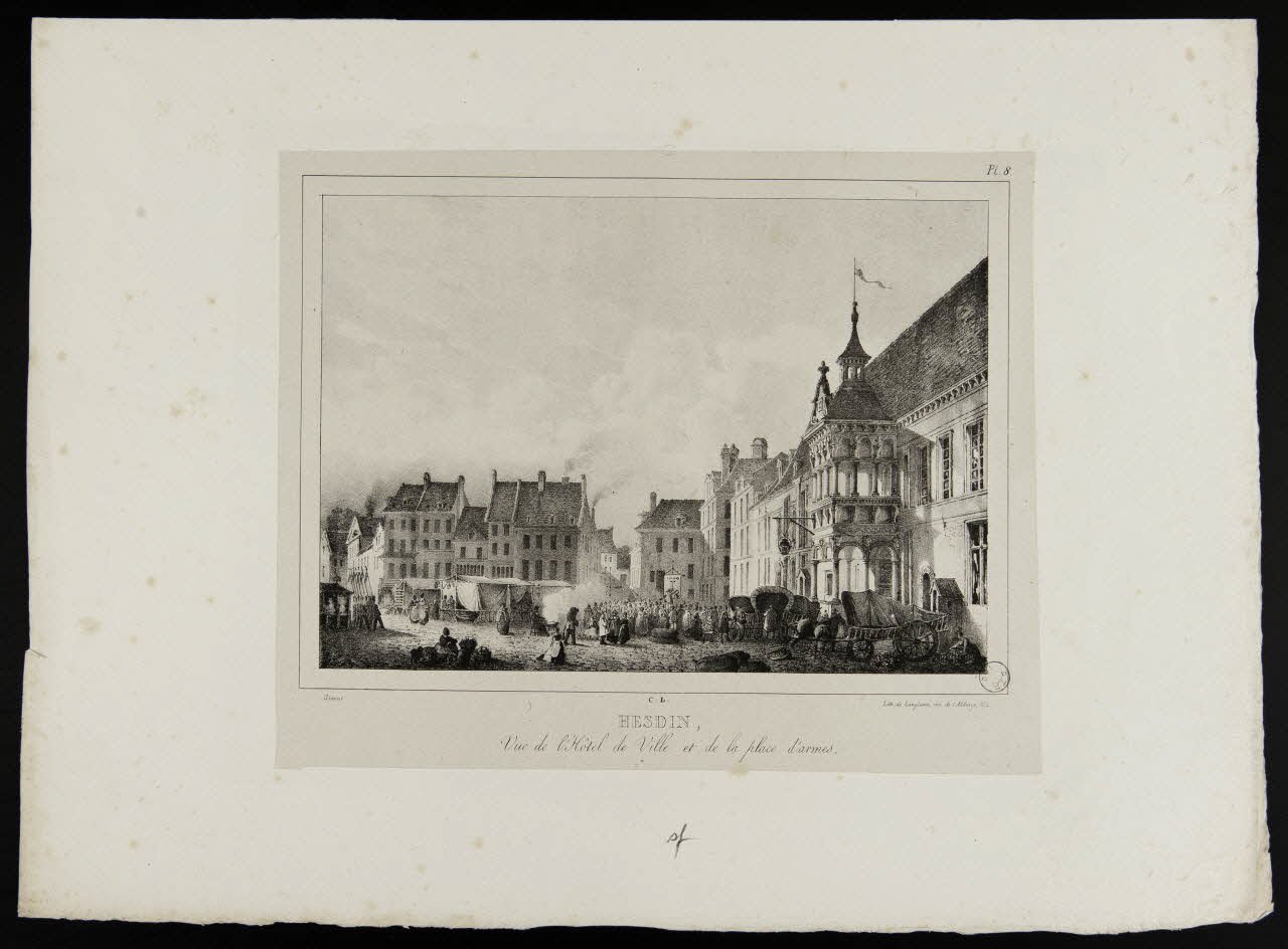 estampe HESDIN,  Vue de l'Hôtel de Ville et de la place d'armes. 1969.23.11 Photo