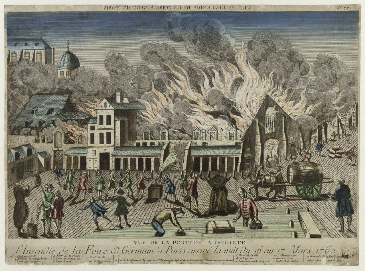 Jacques-François Chéreau imagerie ancienne VUE DE LA PORTE DE LA TREILLE DE  l'Incendie de la Foire à St. Germain, arrivé la nuit du 16 au 17 Mars 1762. Paris 1762 1969.23.13 Photo