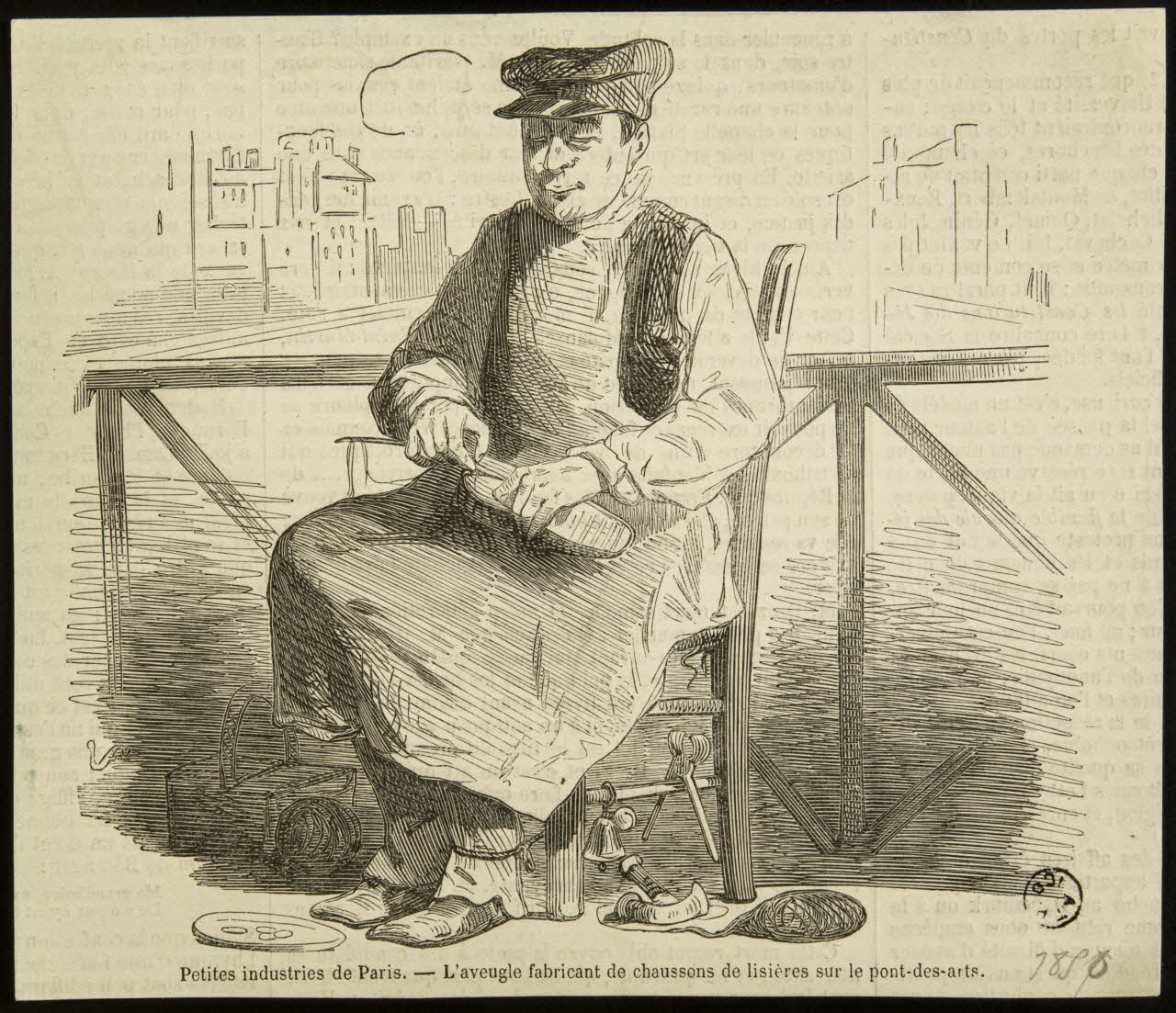 estampe Petites industries de Paris. - L'aveugle fabricant de chaussons de lisières sur le pont-des-arts. 1969.36.43 Photo