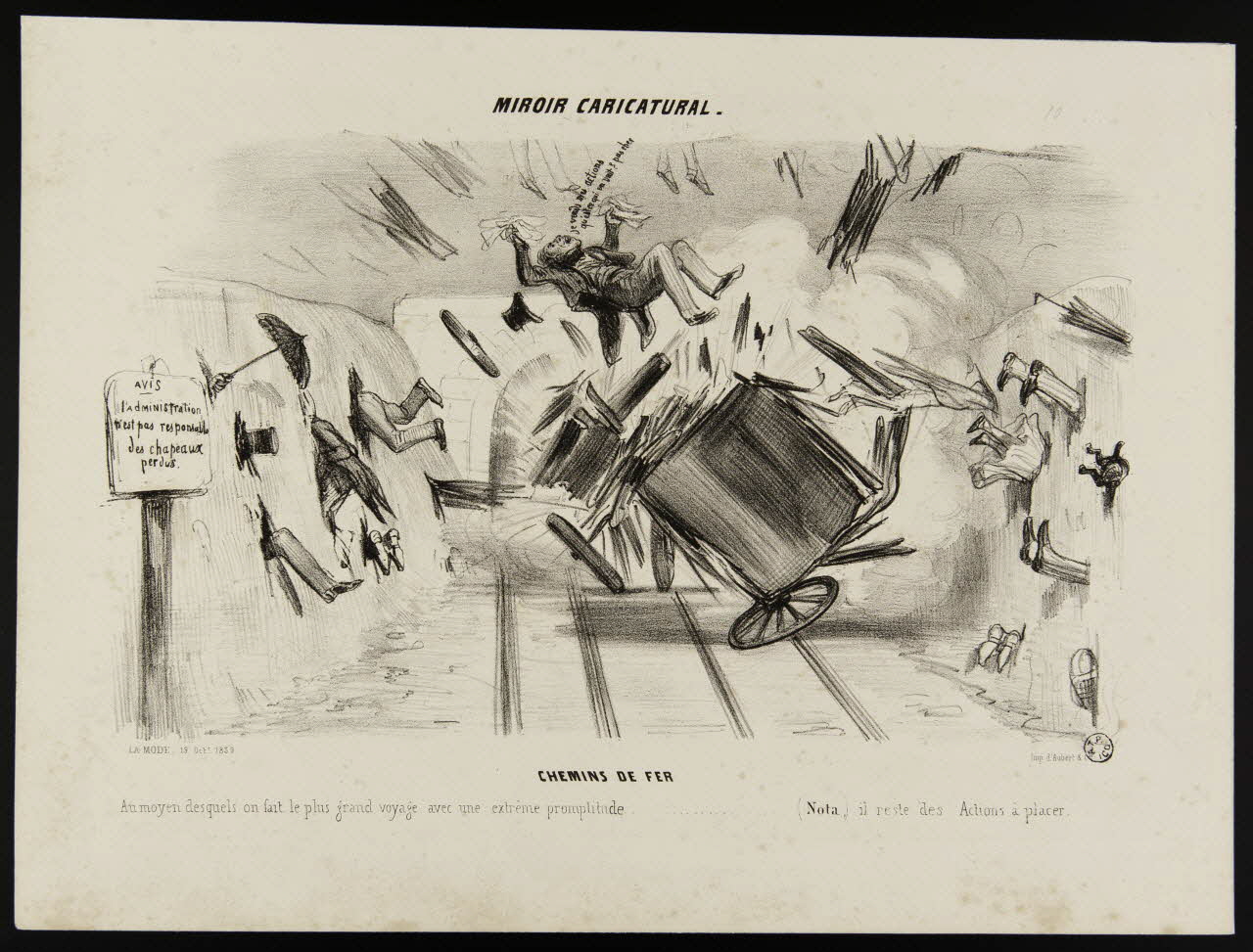 estampe MIROIR CARICATURAL.  CHEMINS DE FER  Au moyen desquels on fait le plus grand voyage avec une extrême promptitude................ (Nota, ) il reste des Actions à placer. 1969.5.4 Photo