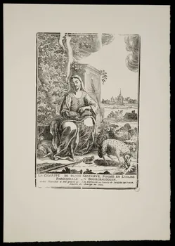 estampe LA CHARITE DE SAINTE GENEVIEVE FONDEE EN L'EGLISE  PAROISSIALE DU BOURGBAUDOUIN. 1969.87.215.1  Photo