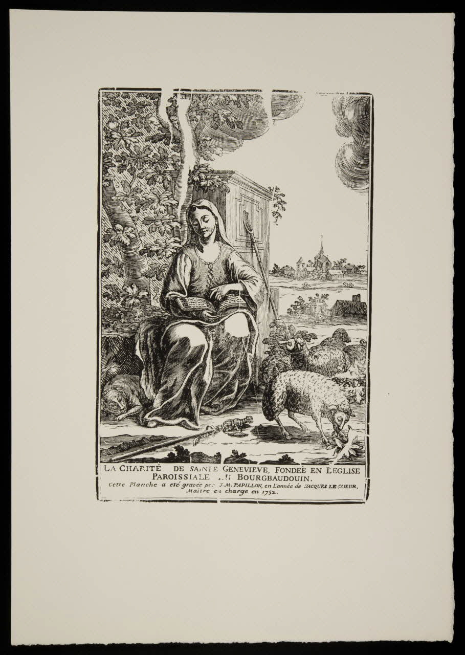 estampe LA CHARITE DE SAINTE GENEVIEVE FONDEE EN L'EGLISE  PAROISSIALE DU BOURGBAUDOUIN. 1969.87.215.2 Photo