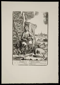 estampe LA CHARITE DE SAINTE GENEVIEVE FONDEE EN L'EGLISE  PAROISSIALE DU BOURGBAUDOUIN. 1969.87.215.2  Photo