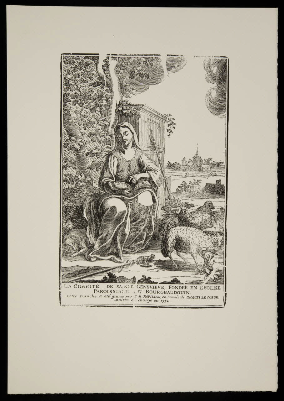 estampe LA CHARITE DE SAINTE GENEVIEVE FONDEE EN L'EGLISE  PAROISSIALE DU BOURGBAUDOUIN. 1969.87.215.3 Photo