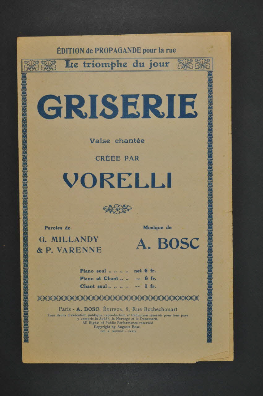 Georges Millandy ; Auguste Bosc ; Pierre Varenne ; Georges Vorelli chanson petit format Île-de-France, France 1927 1965.186.55 Photo Mucem