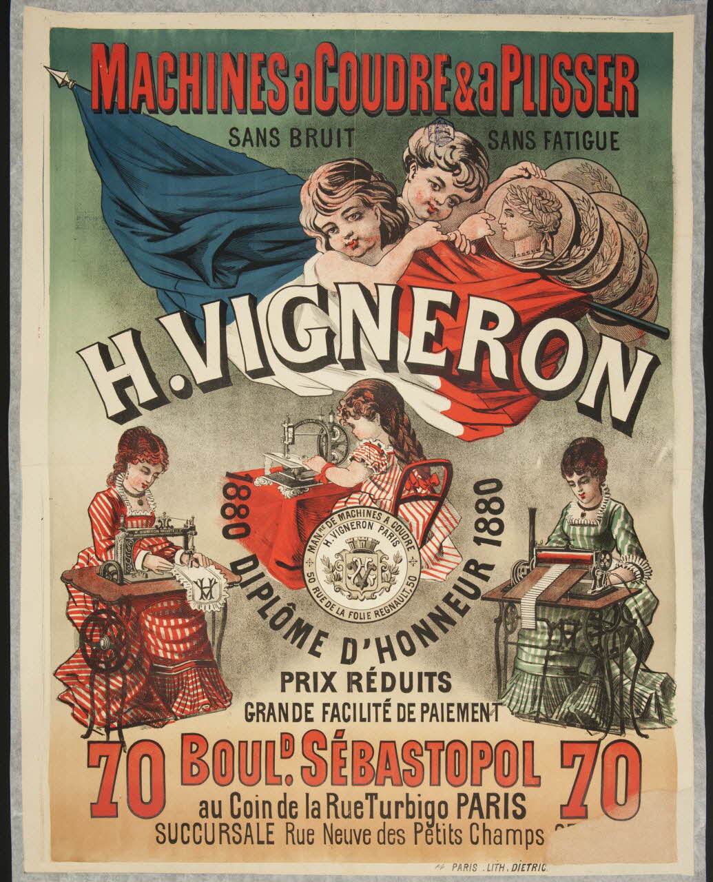 Dietrich affiche MACHINES A COUDRE ET A PLISSER  SANS BRUIT SANS FATIGUE  H. VIGNERON 1877-1887 1971.29.37 Photo