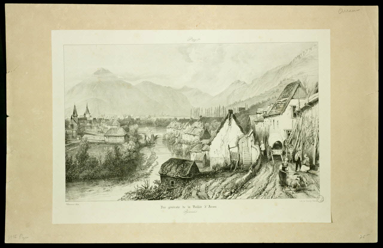 Thierry ; Louis Jules Frédéric Villeneuve estampe Vue générale de la Vallée d'Arau.  Pyrenées. Paris 1834 1971.29.7 Photo