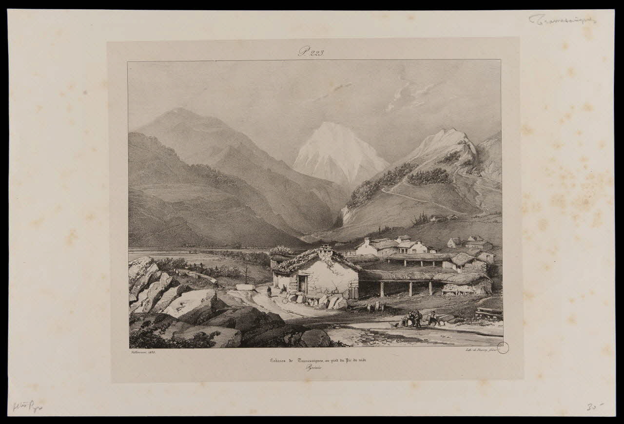 Thierry ; Louis Jules Frédéric Villeneuve estampe Cabanes de Tramesaignes, au pied du Pic du midi. Paris 1835 1971.29.9 Photo