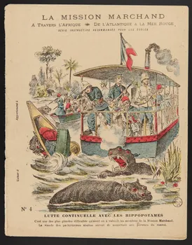 estampe LA MISSION MARCHAND  A TRAVERS L'AFRIQUE  N° 4 LUTTE CONTINUELLE AVEC LES HIPPOPOTAMES 1971.9.49 Photo