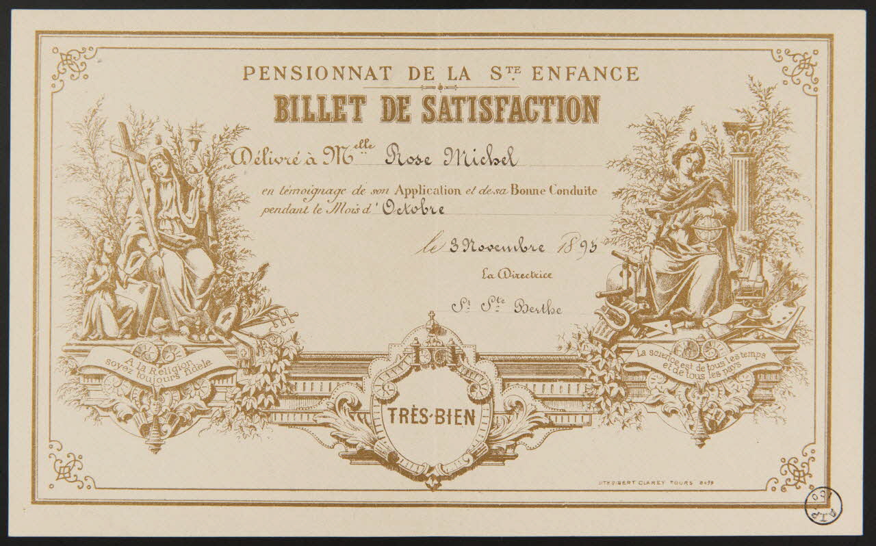 estampe PENSIONNAT DE LA Ste ENFANCE  BILLET DE SATISFACTION 1971.9.82 Photo