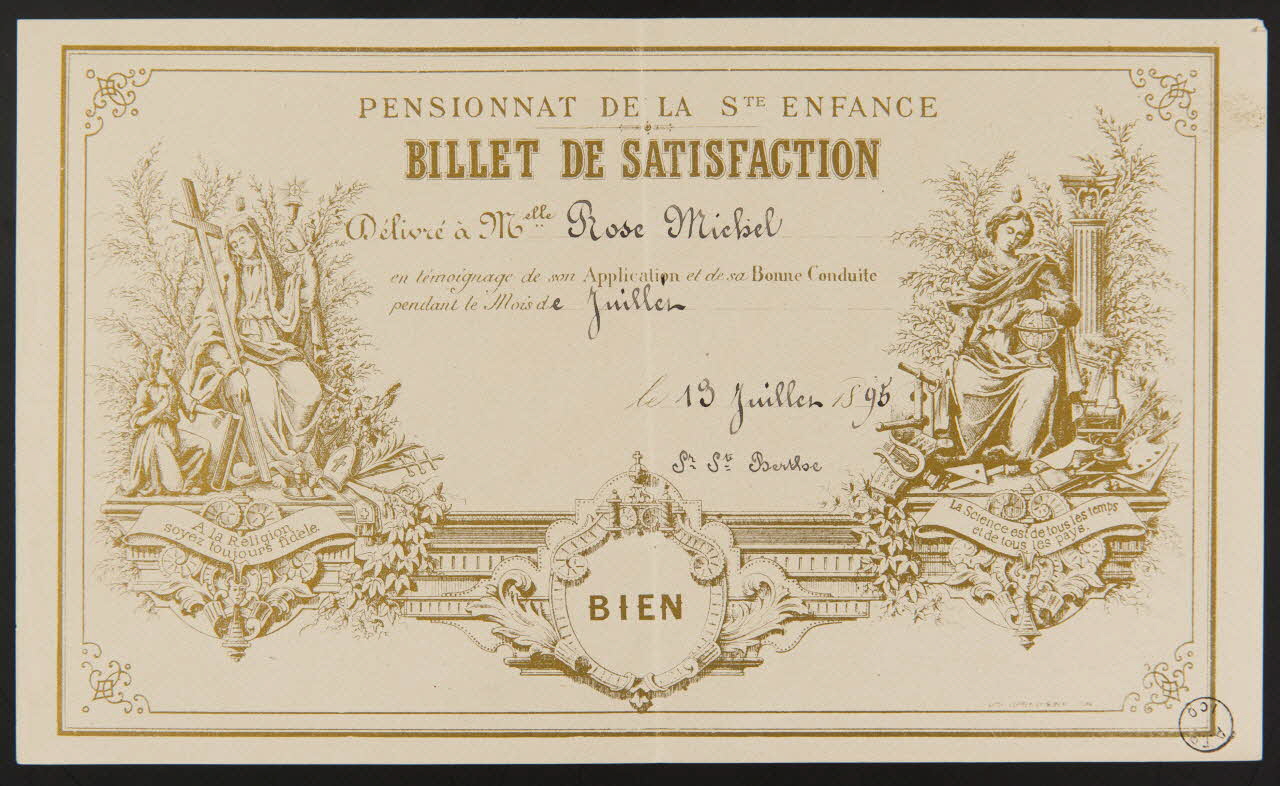 estampe PENSIONNAT DE LA Ste ENFANCE  BILLET DE SATISFACTION 1971.9.83 Photo
