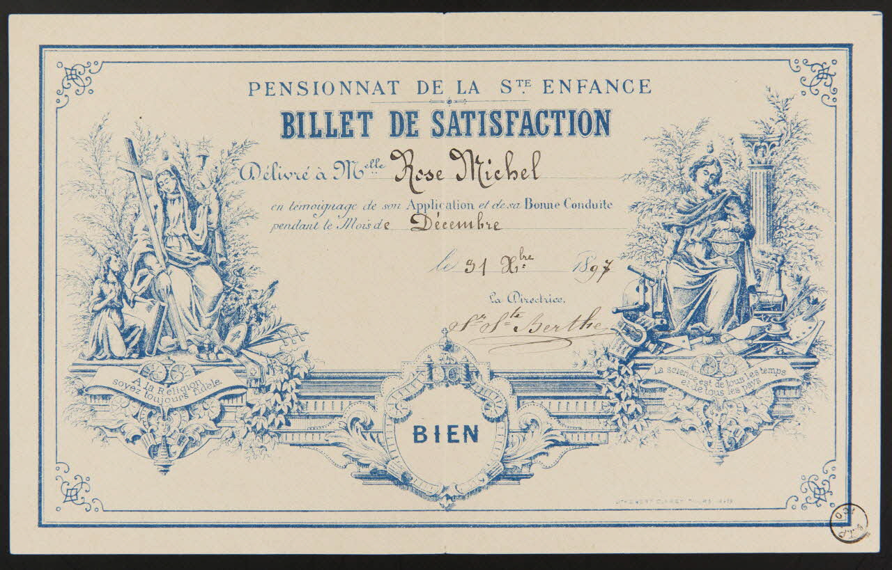 estampe PENSIONNAT DE LA Ste ENFANCE  BILLET DE SATISFACTION 1971.9.84 Photo