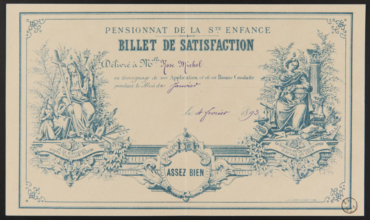 estampe PENSIONNAT DE LA Ste ENFANCE  BILLET DE SATISFACTION 1971.9.85 Photo