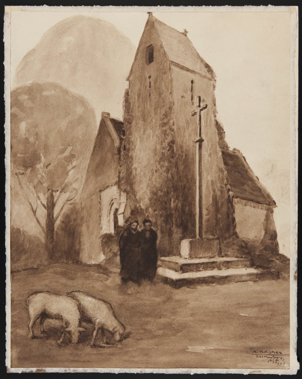 Dagmez A. dessin Bergers devant une église 1947 1970.10.11 Photo